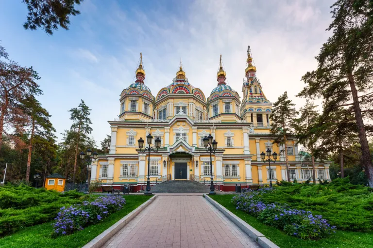 Colorful facade of the Ascension Cathedral in Almaty
