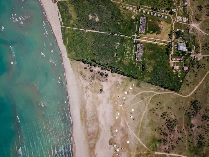 Aerial view of the beach and shoreline of Issyk-Kul Lake