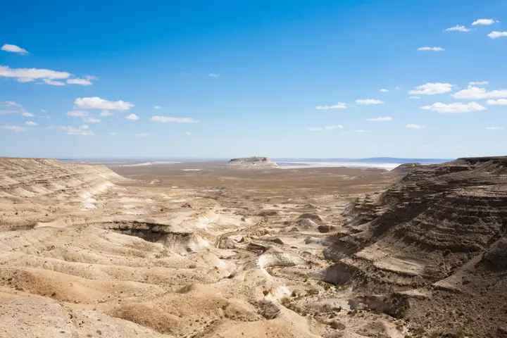 Pale desert gullies and layered cliffs in Mangystau